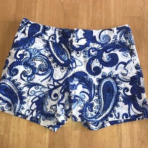 Blue and white paisley patterned midi shorts